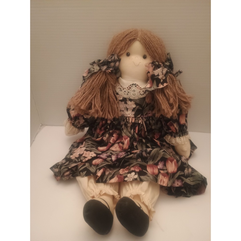 Vintage 22" Pillow Doll Bed/Shelf Sitter Brown Yarn Hair Floral Dress
